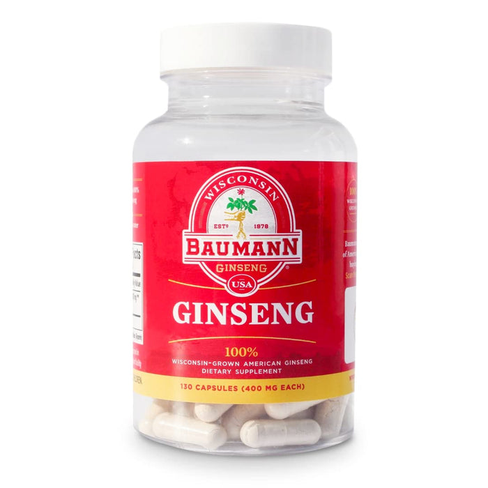 Baumann Wisconsin Ginseng Capsules 130 Pills 400 mg – Pure American Ginseng Root Extract Powder in Each Pill - 100% Natural Panax Ginseng Supplement for Immune Support, Focus and Energy