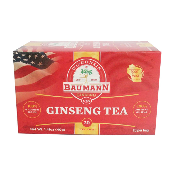 Baumann Wisconsin Ginseng Tea Bags (20 Tea Bags) - Authentic Panax Wisconsin Grown Panax Ginseng Herbal Tea - Healthy Green Tea with Antioxidant Ginsenosides for Enhanced Focus & Energy