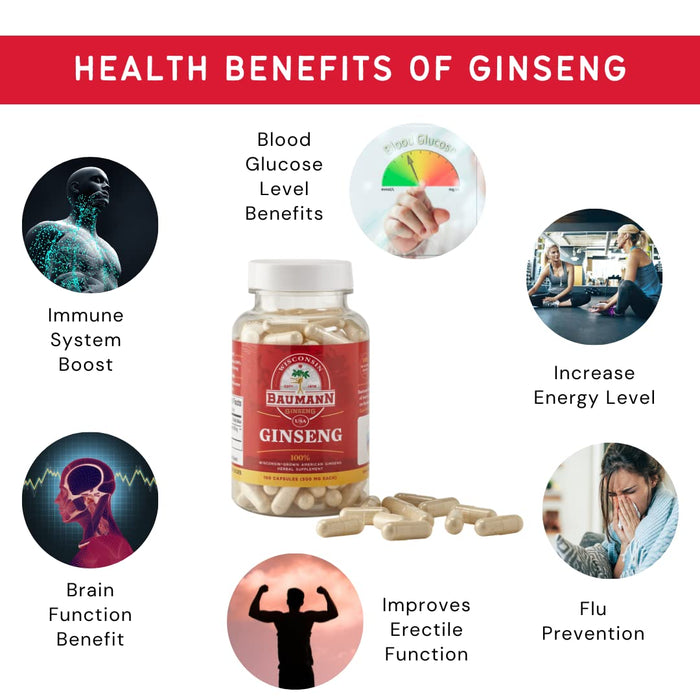 Baumann Wisconsin Ginseng Capsules 130 Pills 400 mg – Pure American Ginseng Root Extract Powder in Each Pill - 100% Natural Panax Ginseng Supplement for Immune Support, Focus and Energy