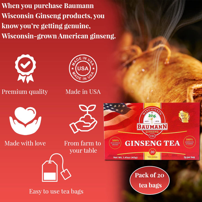 Baumann Wisconsin Ginseng Tea Bags (20 Tea Bags) - Authentic Panax Wisconsin Grown Panax Ginseng Herbal Tea - Healthy Green Tea with Antioxidant Ginsenosides for Enhanced Focus & Energy