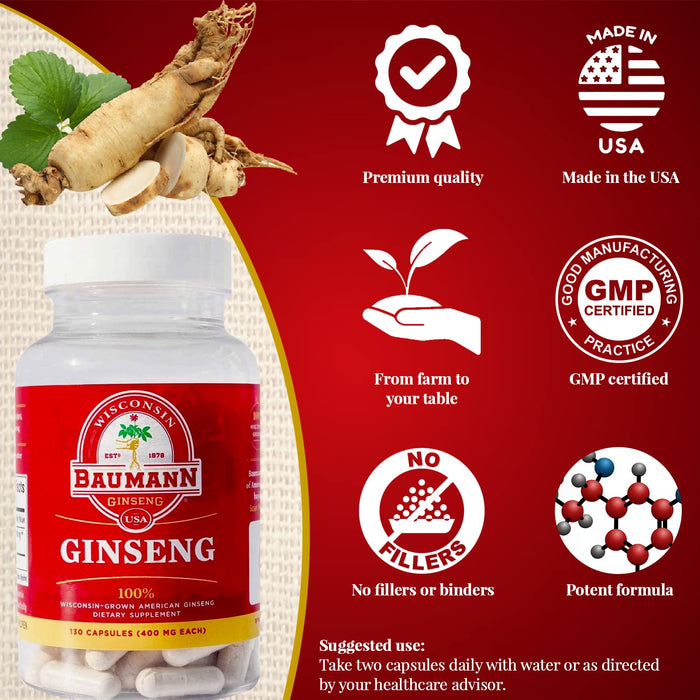 Baumann Wisconsin Ginseng Capsules 130 Pills 400 mg – Pure American Ginseng Root Extract Powder in Each Pill - 100% Natural Panax Ginseng Supplement for Immune Support, Focus and Energy